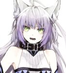  1girl ahoge animal_ears atalanta_(fate) atalanta_alter_(fate) bare_shoulders black_dress braid breasts cat_ears cat_tail collar detached_sleeves dress fangs fate/apocrypha fate/grand_order fate_(series) french_braid green_eyes grey_hair highres kino_kokko long_hair looking_at_viewer medium_breasts open_mouth solo tail 