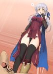  1boy 1girl absurdres bar_censor black_gloves black_thighhighs blue_scarf boots breasts censored commission elbow_gloves erection fingerless_gloves fire_emblem fire_emblem:_radiant_dawn gloves grey_hair hair_ornament hetero highres long_hair micaiah_(fire_emblem) momio open_mouth panties penis scarf skeb_commission smile solo_focus standing testicles thighhighs underwear white_panties yellow_eyes 