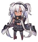  1girl black_gloves black_ribbon blush boots breasts brown_eyes chibi coat coat_on_shoulders dark-skinned_female dark_skin full_body glasses gloves hair_between_eyes hair_ribbon headgear kantai_collection kasumi_(skchkko) long_hair musashi_(kancolle) musashi_kai_ni_(kancolle) partially_fingerless_gloves pleated_skirt ribbon simple_background skirt solo thigh_boots twintails very_long_hair white_background white_hair 