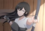  1girl archery arrow_(projectile) black_hair blue_eyes bow_(weapon) breasts closed_mouth commentary drawing_bow frown gloves hall_onon highres holding holding_bow_(weapon) holding_weapon incoming_attack japanese_clothes kuonji_yui_(hall_onon) long_bangs long_hair looking_at_viewer original shirt single_glove solo weapon white_shirt 