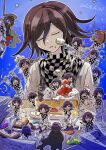  6+boys :d black_cape blue_background brown_hair cake cape checkered_clothes checkered_scarf chibi crazy_eyes crazy_smile cream crying danganronpa_(series) danganronpa_v3:_killing_harmony dated food food_on_face fork hair_between_eyes highres holding holding_fork holding_spoon horse_hat jacket kumakoro_(tetsupag) long_sleeves male_focus multiple_boys multiple_persona oma_kokichi pants paper purple_eyes scarf shoes short_hair sitting sleeping smile spoon strawberry_shortcake torn_cape torn_clothes white_jacket 