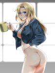  1girl akito_(sub707) ass blonde_hair blue_eyes blue_jacket cowboy_shot cup highres holding holding_cup hornet_(kancolle) indoors jacket kantai_collection long_hair looking_at_viewer nude open_clothes open_jacket smile solo 