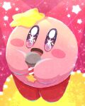  :d blush commentary_request cosplay full_body highres holding holding_microphone hoshino_ai_(oshi_no_ko) hoshino_ai_(oshi_no_ko)_(cosplay) kirby kirby_(series) looking_at_viewer miclot microphone no_humans open_mouth oshi_no_ko pink_background purple_eyes smile solo sparkle standing star-shaped_pupils star_(symbol) star_in_eye symbol-shaped_pupils symbol_in_eye 