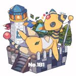  ampharos artist_name brown_eyes closed_mouth color_guide commentary_request faux_figurine fence leaf lighthouse no_humans picket_fence pokedex_number pokemon pokemon_(creature) shino_(shinoru_p) simple_background sitting smile solo stairs string_of_flags tree white_background wooden_fence 