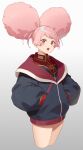  1girl afro_puffs angry bangs black_hoodie chuatury_panlunch commentary_request fangdan_runiu gundam gundam_suisei_no_majo hands_in_pockets hood hoodie long_sleeves open_clothes open_mouth pink_eyes pink_hair puffy_long_sleeves puffy_sleeves short_bangs solo tagme thighs v-shaped_eyebrows 