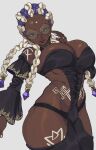  1girl absurdres bare_shoulders braid breasts dark-skinned_female dark_skin dolores_(kof) forehead glasses green_eyes highres large_breasts lips looking_at_viewer shiny_skin simple_background solo the_king_of_fighters thighs whoopsatro 