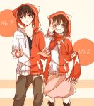  1boy 1girl animal_hood bad_id bad_pixiv_id black_eyes black_footwear black_hair blue_shirt brown_hair cat_hood circle closed_mouth collarbone commentary feet_out_of_frame fringe_trim grey_pants hair_ornament hairclip hood hood_up jacket kagerou_project kisaragi_shintarou long_hair long_sleeves looking_at_viewer matching_outfits no_pupils numbered ok_sign ok_sign_over_eye open_mouth pants partially_unzipped pink_background pink_skirt pocket red_jacket red_scarf scarf shirt short_hair sketch skirt smile sweat t-shirt tateyama_ayano two-tone_background ujikawa_(nabari) v white_background white_shirt 