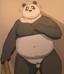  2023 absurd_res anthro arufina_w balls bear belly big_belly black_body black_nose blush genitals giant_panda hi_res japanese_text kemono male mammal micropenis navel overweight overweight_male penis pubes small_penis solo text white_body 