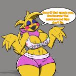  absurd_res anthro avian beakless big_breasts bird blush bottomwear breasts cheek_tuft chicken cleavage clothed clothing dialogue eyelashes eyes_closed eyeshadow facial_tuft female five_nights_at_freddy&#039;s five_nights_at_freddy&#039;s_2 galliform gallus_(genus) grey_background head_feathers head_tuft helbclowb hi_res huge_breasts makeup navel navel_piercing open_mouth open_smile phasianid piercing pink_bottomwear pink_clothing pink_scarf pink_shorts purple_eyeshadow rosy_cheeks scarf scottgames shorts simple_background smile smug snaggle_tooth solo speech_bubble text thick_thighs topwear toy_chica_(fnaf) tuft white_clothing white_topwear wide_hips 