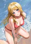  1girl ahoge alternate_costume bare_legs beach bikini blonde_hair blue_eyes blush breasts cleavage hachimiya_meguru hands_on_ground head_tilt highres idolmaster idolmaster_shiny_colors long_hair looking_at_viewer medium_breasts red_bikini shallow_water sitting solo straight_hair swimsuit ushimo_(dztu8434) very_long_hair wariza water water_drop 