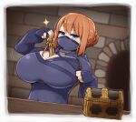  1girl between_breasts blue_eyes breasts cleavage commission fingerless_gloves gloves hair_bun highres huge_breasts ichika_(ichika_manga) keyring mask mouth_mask ninja ninja_mask orange_hair original single_hair_bun skeb_commission solo treasure_chest 