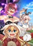  3girls abukuma_(kancolle) alice_(alice_in_wonderland) alice_(alice_in_wonderland)_(cosplay) alice_in_wonderland animal_ears black_bow black_bowtie blue_eyes blue_sky bow bowtie breasts brown_eyes cleavage cloud cosplay cowboy_shot detached_collar hair_flaps highres kantai_collection kinu_(kancolle) large_breasts long_hair multiple_girls pink_hair playboy_bunny pocket_clock ponytail purple_sky rabbit_ears rabbit_tail sky tail upper_body very_long_hair white_rabbit_(alice_in_wonderland) white_rabbit_(alice_in_wonderland)_(cosplay) wrist_cuffs yo-suke yura_(kancolle) 