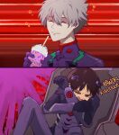  2boys bodysuit closed_eyes crying evangelion:_3.0_you_can_(not)_redo gorgonz0laaa grey_background highres ikari_shinji milkshake multiple_boys nagisa_kaworu neon_genesis_evangelion parody pilot_suit plugsuit rebuild_of_evangelion red_background sad smile 