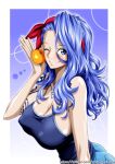  1girl arm_tattoo bare_shoulders blue_eyes blue_hair blue_pants blue_tank_top breasts chest_tattoo cleavage closed_mouth commentary_request denim food fruit gradient_background hair_over_shoulder hair_ribbon hairband hand_up highres holding holding_food holding_fruit jeans large_breasts light_blush lips long_hair looking_at_viewer mandarin_orange nel-zel_formula nojiko one_eye_closed one_piece open_hand pants pink_lips puffy_nipples red_hairband red_ribbon ribbon smile solo spaghetti_strap tank_top tattoo twitter_username upper_body 