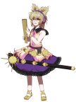  1girl :d absurdres brown_eyes commentary earmuffs full_body highres light_brown_hair looking_at_viewer open_mouth purple_skirt qnfkdwk21 ritual_baton simple_background skirt smile solo standing sword touhou toyosatomimi_no_miko weapon white_background 
