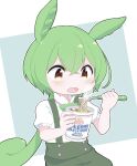  absurdres animal_ears blue_background collared_shirt commentary_request cup_noodle eating food fork green_brooch green_hair green_shorts highres holding holding_food holding_fork light_blush long_hair looking_at_food low_ponytail open_mouth outline pea_pod puffy_short_sleeves puffy_shorts puffy_sleeves shirt short_sleeves shorts simple_background steaming_food suspender_shorts suspenders tokimotoinui upper_body voicevox white_background white_outline yellow_eyes zundamon 