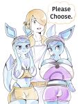  anthro apron big_breasts blonde_hair blue_body blue_skin breasts bulge bulging_breasts cleavage clothed clothing digital_media_(artwork) digital_painting_(artwork) eeveelution english_text female generation_4_pokemon glaceon group gynomorph hair holowear_(pokemon) huge_breasts human intersex male mammal nintendo pokemon pokemon_(species) pokemon_unite short_stack tapirclip text thong_straps trans_(lore) trans_woman_(lore) trio volo_(pokemon) 