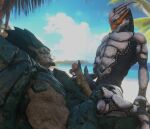  3d_(artwork) alien beach big_penis bodily_fluids digital_media_(artwork) duo erection foreskin frottage genital_fluids genitals handjob hi_res huge_penis humanoid_genitalia humanoid_penis krogan male male/male mass_effect muscular muscular_male not_furry nude outside palm_tree penile penis plant precum precum_string retracted_foreskin rooking sand sea seaside sex sitting_on_another sky smile thick_penis tree turian water 