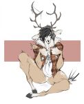  american_mythology anthro antlers black_hair black_sclera bone bottomless bottomless_anthro bottomless_male brown_body brown_fur clothed clothing dullvivid ear_piercing ear_ring featureless_crotch flannel_shirt fur gwendigo_(dullvivid) hair hi_res hooves horn indigenous_north_american_mythology male markings multicolored_body multicolored_fur mythology neck_tuft north_american_mythology piercing ring_piercing shirt skull skull_head solo spots spotted_body spotted_fur spotted_markings t-shirt tan_body tan_fur tan_spots topwear tuft two_tone_body two_tone_fur wendigo wide_eyed winter_hat 