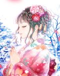 1girl bare_tree blue_flower blue_hair bow closed_eyes flower from_side hair_behind_ear hair_flower hair_ornament hatsumoude highres japanese_clothes kimono multicolored_hair original own_hands_together parted_lips petals pink_flower pink_hair purple_nails red_bow red_flower red_kimono snow solo streaked_hair tohri_hosoya tree 