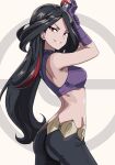  1girl ass bare_shoulders black_hair breasts crop_top elbow_gloves gloves grin halterneck highres holding holding_poke_ball long_hair looking_at_viewer lucy_(pokemon) medium_breasts midriff multicolored_hair navel poke_ball poke_ball_(basic) poke_ball_theme pokemon pokemon_(game) pokemon_emerald pokemon_rse red_eyes red_hair sideboob simple_background smile solo streaked_hair tsurime v-shaped_eyebrows very_long_hair vivivoovoo 