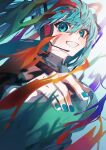  1girl aqua_eyes aqua_hair aqua_nails aqua_necktie bare_shoulders blue_background collared_shirt commentary detached_sleeves film_grain floating_hair gradient_background grey_shirt grin hair_ornament hatsune_miku headphones highres holding holding_paintbrush issen_kounen_(vocaloid) long_hair looking_at_viewer looking_down microphone necktie paint paintbrush shirt sidelighting sleeveless sleeveless_shirt smile solo twintails upper_body urako_(urako_1219) vocaloid white_background 