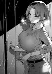  1girl blush breasts breath collarbone denim door forehead greyscale highres ice_reizou jeans jewelry keyring large_breasts looking_at_viewer monochrome original pants parted_bangs rain ribbed_shirt ring shirt short_hair smile solo water_drop 