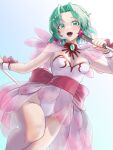  1girl :d armpits back_bow bare_arms bare_legs blue_background bow breasts choker cowboy_shot dagger dancer dot_nose dual_wielding earrings ellis_(toushinden) green_eyes green_hair highres holding holding_dagger holding_knife holding_weapon ivuki jewelry knife leotard looking_at_viewer medium_breasts open_mouth parted_bangs pink_bow red_choker reverse_grip see-through short_hair simple_background smile solo standing standing_on_one_leg thighs toushinden twitter_username weapon white_leotard wrist_bow wrist_cuffs 