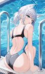  1girl absurdres animal_ear_fluff animal_ears ass back_cutout blue_archive blue_eyes blue_one-piece_swimsuit clothing_cutout cross_hair_ornament from_behind hair_ornament highres k.j. looking_at_viewer looking_back one-piece_swimsuit parted_lips pool pool_ladder poolside shiroko_(blue_archive) shiroko_(swimsuit)_(blue_archive) short_ponytail sitting solo swimsuit two-tone_swimsuit water wet white_hair wolf_ears 