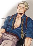 1boy bara blonde_hair cheekbones collared_shirt feet_out_of_frame head_tilt highres jujutsu_kaisen large_pectorals leo_(frosted_knight) long_sleeves male_focus mature_male muscular muscular_male nanami_kento necktie pants partially_unbuttoned pectoral_cleavage pectorals shirt short_hair sitting solo thick_eyebrows undone_necktie 