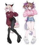  2girls ;) absurdres animal_ears ankle_boots bag bare_legs belt_buckle black_pants blue_shorts blush boots bow breasts brown_eyes brown_hair buckle casual cleavage cleavage_cutout closed_mouth clothing_cutout cropped_hoodie curren_chan_(umamusume) denim denim_shorts ear_covers full_body grey_hair haibarasaika hair_bow handbag high_heel_boots high_heels highres hood hoodie horse_ears horse_girl horse_tail large_breasts leaning_forward long_sleeves looking_at_viewer midriff multicolored_hair multiple_girls nail_polish navel one_eye_closed pants pink_bow pink_hair pink_hoodie purple_eyes red_bow red_nails red_sweater shoes short_hair short_shorts shorts simple_background sleeves_past_wrists smart_falcon_(umamusume) smile sneakers standing streaked_hair sweater tail two-tone_hair umamusume v_over_eye white_background white_bow white_footwear 