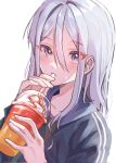  1girl black_shirt blue_jacket blush collarbone commentary cup drinking drinking_straw film_grain hair_between_eyes highres holding holding_cup jacket long_hair looking_at_viewer newda_al project_sekai purple_eyes shirt sidelocks simple_background solo sweatdrop upper_body white_background white_hair yoisaki_kanade 