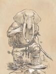  2023 anthro belt biceps boots bottomwear clothing elephant elephantid fisherman fishnet footwear hi_res holding_fish holding_net male mammal manly melee_weapon monochrome musclegut muscular net neungsonie pants pecs polearm proboscidean rolled_up_pants rope rope_belt sepia sketch slightly_chubby solo spear standing triceps tusks weapon 