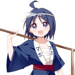  1girl ahoge blue_hair blue_kimono blush collarbone commission hair_ornament haru_(konomi_150) holding holding_stick japanese_clothes katagiri_himeko kimono looking_at_viewer open_mouth pani_poni_dash! parted_bangs pixiv_commission purple_eyes short_hair simple_background solo stick upper_body white_background 