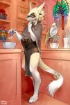  2023 anthro barefoot bottomwear clothing cooking detailed_background digitigrade eyewear feet goggles hi_res inside loincloth male mayo-san poncho sergal solo standing 