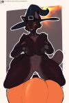  5_fingers anthro areola biped blush breasts clothing domestic_cat eyebrows felid feline felis female fingers food fruit genitals halloween hat headgear headwear hi_res holidays looking_at_viewer mammal nipples plant pumpkin pussy skylosminkan smile smiling_at_viewer solo tail witch_hat 
