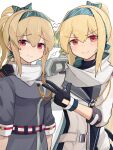  &gt;:) 2girls absurdres black_gloves blonde_hair blue_bow blue_hairband bow closed_mouth commentary dual_persona gamryous girls&#039;_frontline gloves grey_jacket hair_between_eyes hair_bow hairband hand_on_another&#039;s_shoulder highres jacket long_hair multiple_girls ponytail red_eyes scarf short_sleeves simple_background smile sv-98_(girls&#039;_frontline) sv-98_(mod3)_(girls&#039;_frontline) v-shaped_eyebrows very_long_hair white_background white_jacket white_scarf 