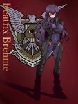  1girl arms_under_breasts beatrix_bremer black_hair bodysuit boots breasts character_name closed_mouth commentary_request crossed_arms emblem fortified_suit full_body german_text grey_bodysuit hair_between_eyes highres kuri_dora large_breasts long_bangs long_hair looking_at_viewer muv-luv muv-luv_alternative red_background red_eyes schwarzesmarken shaded_face skin_tight smile solo standing stasi sword very_long_hair weapon 