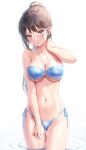  0v0_(l_seohui) 1girl absurdres bare_shoulders bikini black_hair blue_bikini blue_eyes blush breasts cleavage closed_mouth cowboy_shot hand_on_own_neck highres jewelry large_breasts long_hair looking_at_viewer navel necklace original partially_submerged ponytail side-tie_bikini_bottom solo stomach swimsuit thigh_gap underboob water 