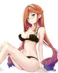  1girl absurdres ass bare_arms bare_legs bare_shoulders bikini black_bikini blush breasts cleavage closed_mouth collarbone feet_out_of_frame gradient_hair hairband highres kantai_collection large_breasts long_hair multicolored_hair orange_hair purple_eyes rizzl simple_background smile solo swimsuit white_background white_hairband yuugure_(kancolle) 