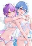 2girls :d bikini blue_eyes blue_hair blue_nails blush bow bow_earrings breasts demon_girl demon_horns demon_tail demon_wings ear_piercing earrings green_eyes hair_between_eyes heart heart_tattoo highres hip_tattoo hololive horns hoshimachi_suisei jewelry looking_at_viewer multiple_girls multiple_piercings navel navel_piercing open_mouth piercing pointy_ears purple_hair purple_nails sanada_keisui short_hair small_breasts smile star_(symbol) star_in_eye stomach swimsuit symbol_in_eye tail tattoo tokoyami_towa tongue tongue_out virtual_youtuber white_bikini wings 