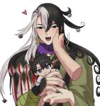  2boys ashiya_douman_(fate) bell black_hair blue_eyes character_doll command_spell disembodied_limb doll fangs fate/grand_order fate_(series) fujimaru_ritsuka_(male) green_nails hair_bell hair_between_eyes hair_ornament hand_on_another&#039;s_face hand_tattoo heart holding holding_doll jingle_bell long_hair male_focus multicolored_hair multiple_boys muscular muscular_male open_mouth pov pov_hands seum_(kao_husband) split-color_hair tattoo teeth upper_body upper_teeth_only white_background white_hair 