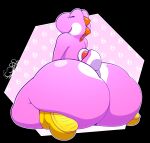  2023 ambiguous_gender anthro big_butt biped butt clothing digital_media_(artwork) footwear hi_res huge_butt hyper hyper_butt mario_bros nintendo nude open_mouth pink_yoshi rear_view shoes simple_background sitting smile solo thelewdshi thick_thighs wide_hips yoshi 