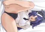  1girl ark_uniform_(blue_archive) ass bare_legs barefoot black_panties blue_archive breasts cameltoe dh-zone dress english_commentary fat_mons garrison_cap hat large_breasts looking_at_viewer official_alternate_costume panties pantyshot parted_bangs purple_hair sideways smug solo toes two_side_up underwear white_dress yuuka_(blue_archive) 