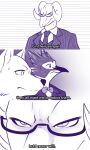  angry_eyes anthro avian bird bodily_fluids bow_tie canid canine canis close-up clothing comic dialogue dragon english_text eyewear glasses group horn lonbluewolf male mammal monochrome necktie subtitled suit sweat text trio wolf 