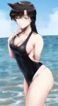  1girl arm_behind_back bare_shoulders black_one-piece_swimsuit blue_eyes blue_sky breasts cloud collarbone commentary day hand_up highleg highleg_swimsuit highres horizon large_breasts leaning_forward light_blush looking_at_viewer meitantei_conan mouri_ran ocean one-piece_swimsuit outdoors parted_bangs sky solo strap_gap swimsuit thick_thighs thighs tsukumo_momo water wet 