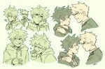  ! !! 2boys ? bakugou_katsuki boku_no_hero_academia closed_mouth commentary english_commentary eye_contact green_theme habkart hand_on_another&#039;s_shoulder head_rest heart highres holding_another&#039;s_wrist hood hood_down hoodie long_sleeves looking_at_another male_focus midoriya_izuku multiple_boys multiple_views open_mouth school_uniform short_hair simple_background sketch smile spiked_hair u.a._school_uniform upper_body v 