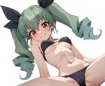  1girl ai-generated anchovy_(girls_und_panzer) bikini black_bikini black_ribbon breasts closed_mouth drill_hair girls_und_panzer grey_hair hair_ribbon long_hair looking_at_viewer medium_breasts navel red_eyes ribbon secretter simple_background smile solo swimsuit twin_drills white_background 