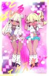  2boys androgynous blonde_hair blush bracelet bulge dancing dark-skinned_male dark_skin earrings full_body gyaru heart heart_earrings horns_pose internet_yamero internet_yamero_(meme) jewelry long_hair looking_at_viewer loose_socks male_focus meme multiple_boys nagano_rira navel necktie needy_girl_overdose original otoko_no_ko panties pink_nails pink_necktie pink_panties pointing pointing_down pointing_up purple_eyes purple_necktie purple_panties shirt short_sleeves side_ponytail smile socks star_(symbol) star_earrings striped_necktie underwear white_shirt 