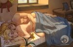  1boy 1girl bed blanket blonde_hair breasts completely_nude couple earrings flower hetero jewelry link momo-deary nude on_bed picture_frame pointy_ears princess_zelda sleeping spooning sunlight the_legend_of_zelda the_legend_of_zelda:_tears_of_the_kingdom window 